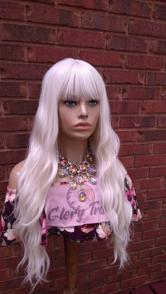 China Bangs Full Wig, #60 White Platinum Blonde Wig, Long Wavy Wig,  Blonde Wig //EGYPTIAN QUEEN
