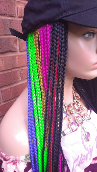 Braided Hat Wig, 35" Long Rainbow Box Braids, Throw On An Go Wig, Black Braided Wig, African American Hairstyle //JUSTICE