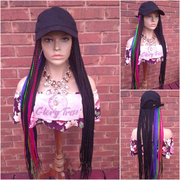 Braided Hat Wig, 35" Long Rainbow Box Braids, Throw On An Go Wig, Black Braided Wig, African American Hairstyle //JUSTICE