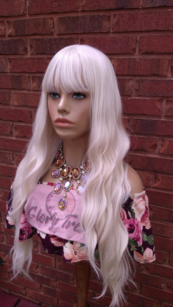 China Bangs Full Wig, #60 White Platinum Blonde Wig, Long Wavy Wig,  Blonde Wig //EGYPTIAN QUEEN