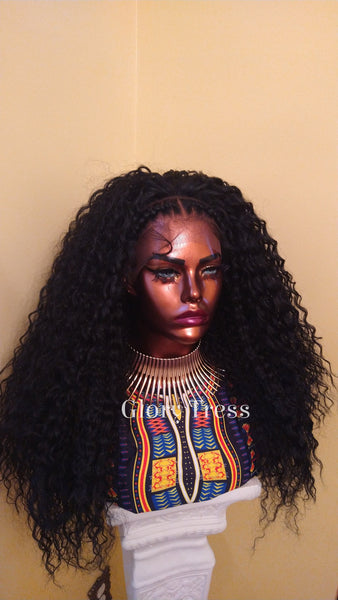 Braided Curly Lace Front Wig | HD Lace Human Hair Blend Wig | African American Wig | Curly Black Wig | Glory Tress -TRIBAL QUEEN