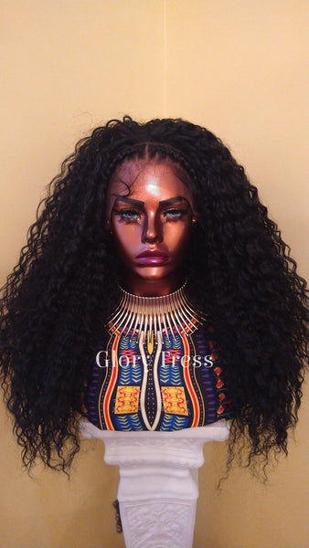 Braided Curly Lace Front Wig | HD Lace Human Hair Blend Wig | African American Wig | Curly Black Wig | Glory Tress -TRIBAL QUEEN