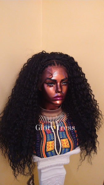 Braided Curly Lace Front Wig | HD Lace Human Hair Blend Wig | African American Wig | Curly Black Wig | Glory Tress -TRIBAL QUEEN