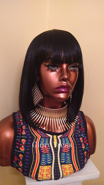 Egyptian Bob Wig | 100% Human Hair Blend Wig | Straight Full Wig | China Bob Wig With Bangs | African American Wig / EGYPTIAN QUEEN