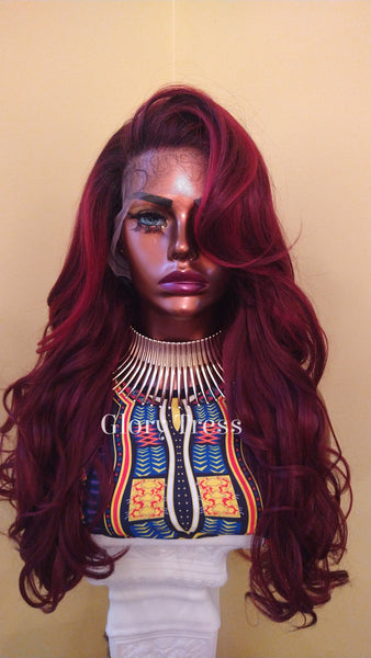 Curly Lace Front Wig | 13x 6 HD Lace Human Hair Blend Wig | African American Wig | Curly Ombre Burgundy Wig | Glory Tress -QUEEN ZARA