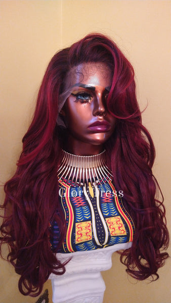 Curly Lace Front Wig | 13x 6 HD Lace Human Hair Blend Wig | African American Wig | Curly Ombre Burgundy Wig | Glory Tress -QUEEN ZARA