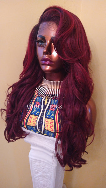 Curly Lace Front Wig | 13x 6 HD Lace Human Hair Blend Wig | African American Wig | Curly Ombre Burgundy Wig | Glory Tress -QUEEN ZARA