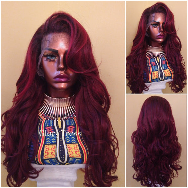 Curly Lace Front Wig | 13x 6 HD Lace Human Hair Blend Wig | African American Wig | Curly Ombre Burgundy Wig | Glory Tress -QUEEN ZARA
