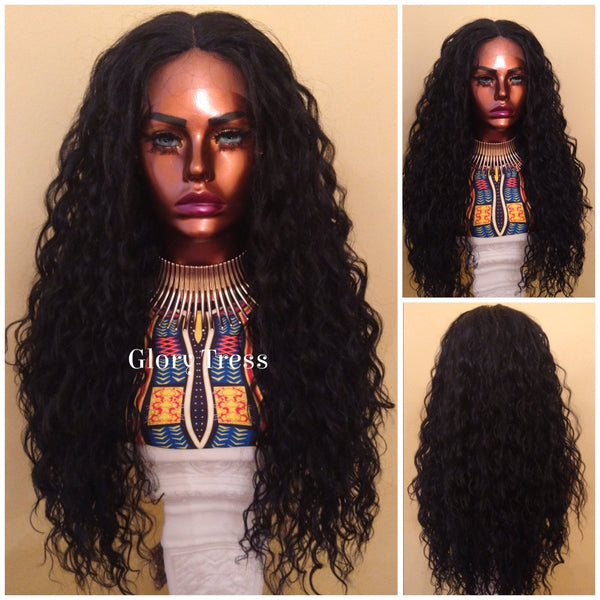 Curly Lace Front Wig | 13x 6 HD Lace Human Hair Blend Wig | African American Wig |Curly Black Wig | Glory Tress -QUEEN ESTHER