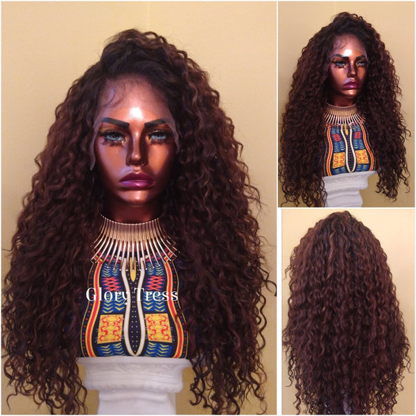 Curly Lace Front Wig | 13x 6 HD Lace Human Hair Blend Wig | African American Wig | Curly Ombre Brown Wig | Glory Tress -QUEEN JIN