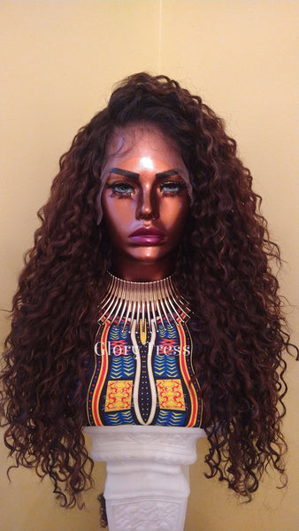 Curly Lace Front Wig | 13x 6 HD Lace Human Hair Blend Wig | African American Wig | Curly Ombre Brown Wig | Glory Tress -QUEEN JIN