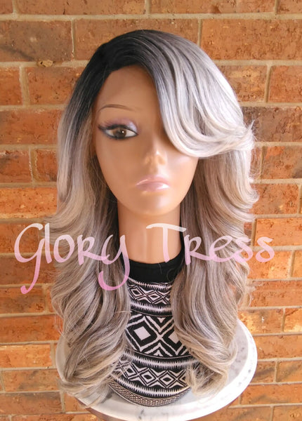 READY To SHIP // Long & Curly Silver/Gray Lace Front Wig, Ombre Silver Wig, Dark Rooted Bombshell Wig // SALVATION
