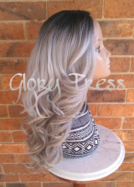 READY To SHIP // Long & Curly Silver/Gray Lace Front Wig, Ombre Silver Wig, Dark Rooted Bombshell Wig // SALVATION