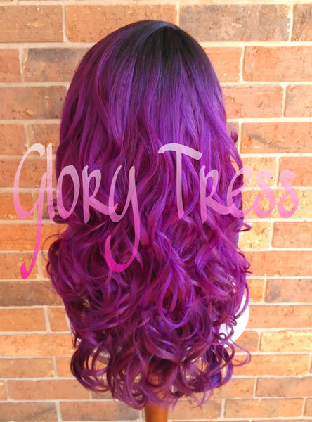Long & Curly Lace Front Wig, Ombre Purple Wig, Dark Rooted Bombshell Wig // SALVATION (Free Shipping)