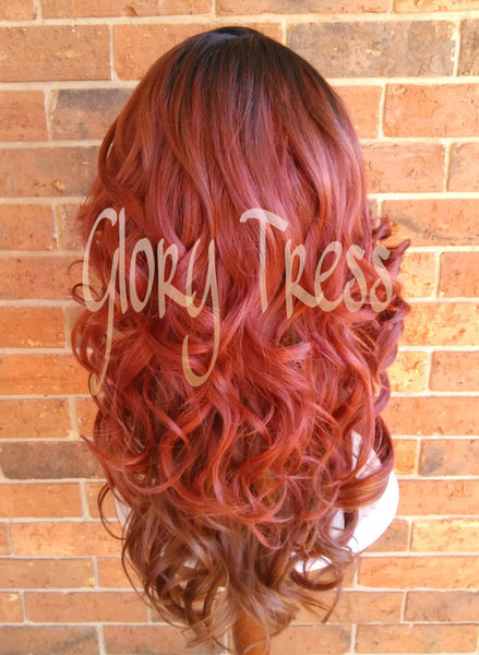 READY To SHIP // Long & Curly Lace Front Wig, Ombre Copper Red Wig, Auburn Wig, Dark Rooted Bombshell Wig // SALVATION (Free Shipping) - Glory Tress