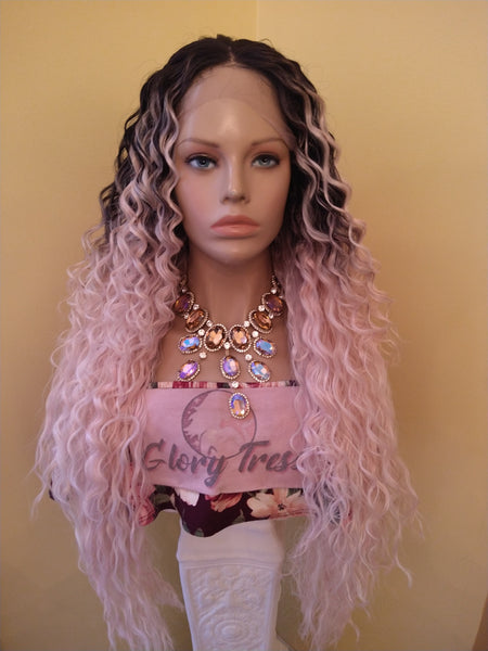 28" Pink Curly Lace Front Wig Human Hair Blend 13x6 Lace Free Parting Ombre Pink Lace Frontal Wigs for Women Glory Tress - FLAWLESS FLOW