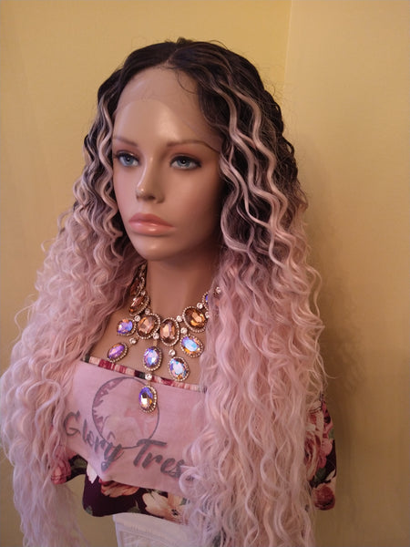 28" Pink Curly Lace Front Wig Human Hair Blend 13x6 Lace Free Parting Ombre Pink Lace Frontal Wigs for Women Glory Tress - FLAWLESS FLOW