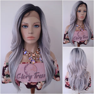 Platinum Sliver Wavy Lace Front Wig Ombre Gray Wig For Women Long Synthetic Wig Halloween Cosplay Party Wigs Glory Tress - Silver Queen