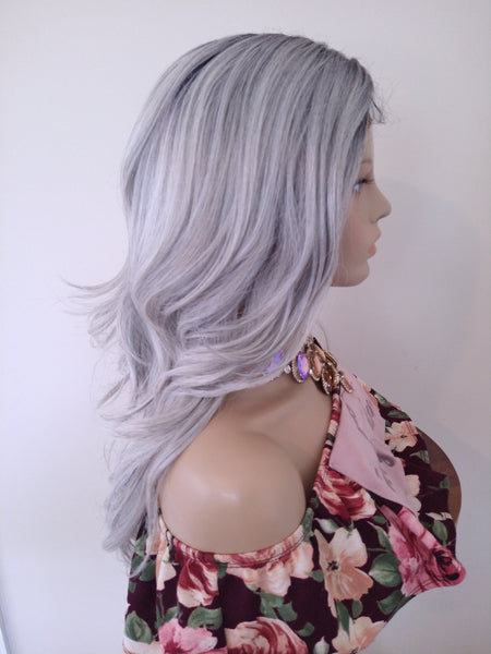 Platinum Sliver Wavy Lace Front Wig Ombre Gray Wig For Women Long Synthetic Wig Halloween Cosplay Party Wigs Glory Tress - Silver Queen