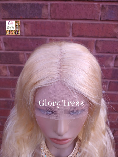 24" Wavy Blonde Lace Front Wig Human Hair Wig 100% Brazilian Remy Wig 613 Platinum Blonde Lace Part Wig - DIVINE
