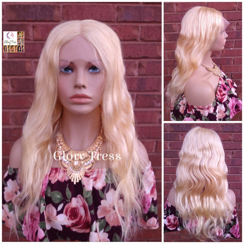24" Wavy Blonde Lace Front Wig Human Hair Wig 100% Brazilian Remy Wig 613 Platinum Blonde Lace Part Wig - DIVINE