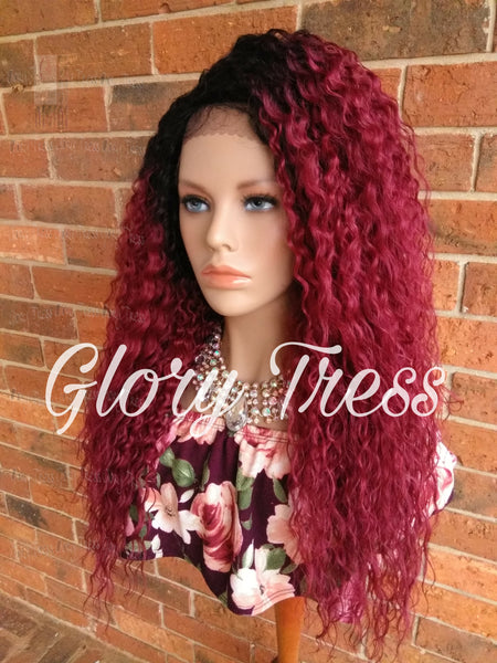 ON SALE // Long Deep Wavy Lace Front Wig, Ombre Burgundy Wig, Heat Safe, Soft Swiss Lace// WINE (Free Shipping) - Glory Tress