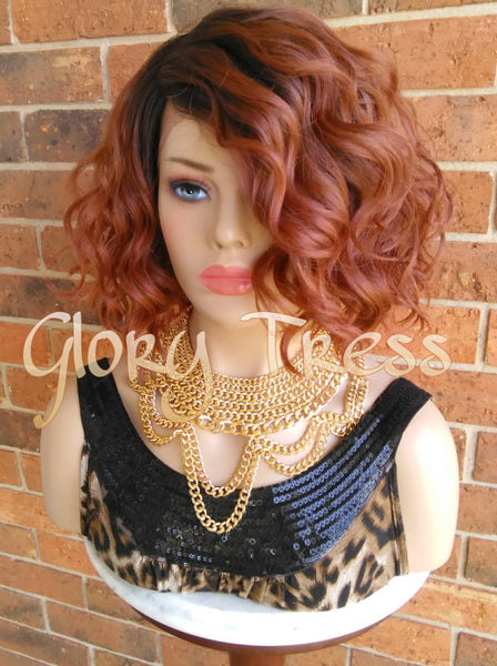 ON SALE // Short & Wavy Bob Lace Front Wig, 100% Human Hair Blend, Ombre Copper Red // DELIGHT ( Free Shipping) - Glory Tress