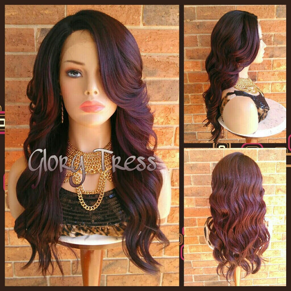 Long Wavy Lace Front Wig, Silky Dark Cherry Wig, Dark Rooted Bombshell Wig // PURITY (Free Shipping)