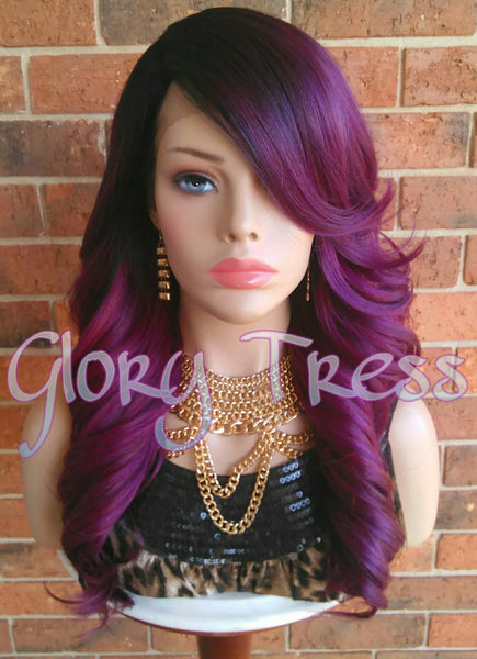 READY To SHIP // Long & Curly Lace Front Wig, Ombre Wine/Purple Wig, Dark Rooted Bombshell Wig // SALVATION (Free Shipping)