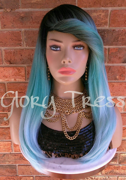 READY To SHIP //Long & Straight Full Wig, Ombre Mint Green Wig, Green Wig, Dark Rooted, Yaki Textured Wig // VIRTUE (Free Shipping)
