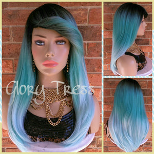 READY To SHIP //Long & Straight Full Wig, Ombre Mint Green Wig, Green Wig, Dark Rooted, Yaki Textured Wig // VIRTUE (Free Shipping)