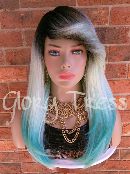 Wigs, Straight Wig, Full Cap Wig, Ombre Green Wig, Green Wig, Dark Rooted Wig, Yaki Wig, On Sale // VIRTUE (Free Shipping)