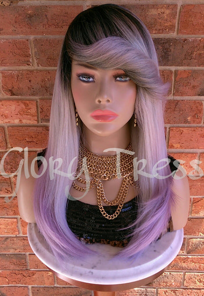 READY To SHIP //Long & Straight Full Wig, Ombre Lavender Wig, Purple Wig, Dark Rooted, Yaki Textured Wig // VIRTUE (Free Shipping)