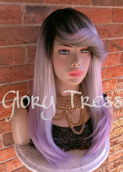 READY To SHIP //Long & Straight Full Wig, Ombre Lavender Wig, Purple Wig, Dark Rooted, Yaki Textured Wig // VIRTUE (Free Shipping)