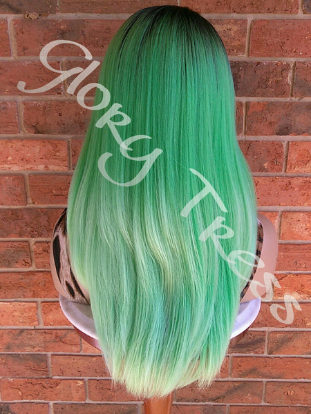 READY To SHIP //Long & Straight Full Wig, Ombre Green Wig, Layered Wig, Dark Rooted, Yaki Textured Wig // VIRTUE (Free Shipping)