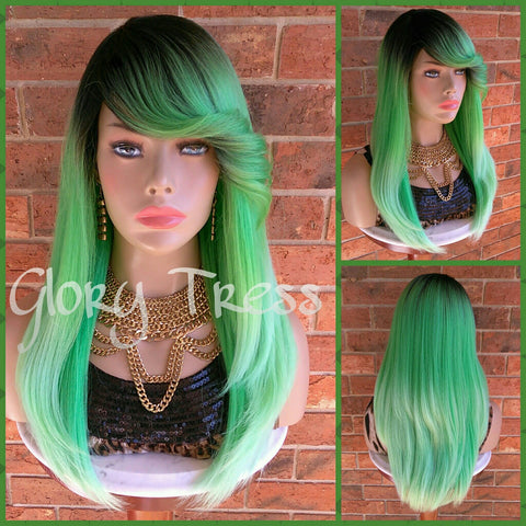 READY To SHIP //Long & Straight Full Wig, Ombre Green Wig, Layered Wig, Dark Rooted, Yaki Textured Wig // VIRTUE (Free Shipping)
