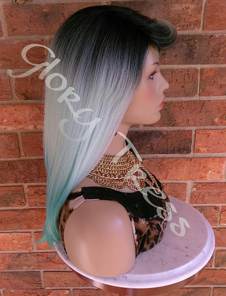 READY To SHIP //Long & Straight Full Wig, Ombre Light Mint Green Wig, Green Wig, Dark Rooted, Yaki Textured Wig // VIRTUE (Free Shipping) - Glory Tress