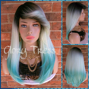 READY To SHIP //Long & Straight Full Wig, Ombre Light Mint Green Wig, Green Wig, Dark Rooted, Yaki Textured Wig // VIRTUE (Free Shipping) - Glory Tress