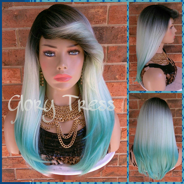 Wigs, Straight Wig, Full Cap Wig, Ombre Green Wig, Green Wig, Dark Rooted Wig, Yaki Wig, On Sale // VIRTUE (Free Shipping)