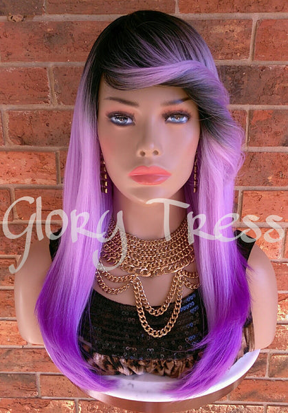 READY To SHIP //Long Ombre Purple Full Wig, Layered Wig With Bangs, Dark Rooted, Light Yaki Textured Wig// VIRTUE (Free Shipping) - Glory Tress