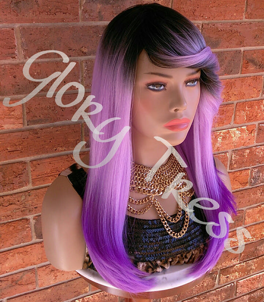 READY To SHIP //Long Ombre Purple Full Wig, Layered Wig With Bangs, Dark Rooted, Light Yaki Textured Wig// VIRTUE (Free Shipping) - Glory Tress