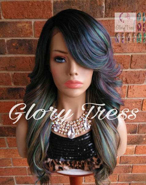 Curly Lace Front Wig, Glory Tress, Ombre Oil Slick Rainbow Hair, Dark Rooted Bombshell Wig // SALVATION