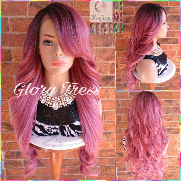 Long & Curly Lace Front Wig, Glory Tress, Ombre Pink Wig, Dark Rooted Bombshell Wig // SALVATION