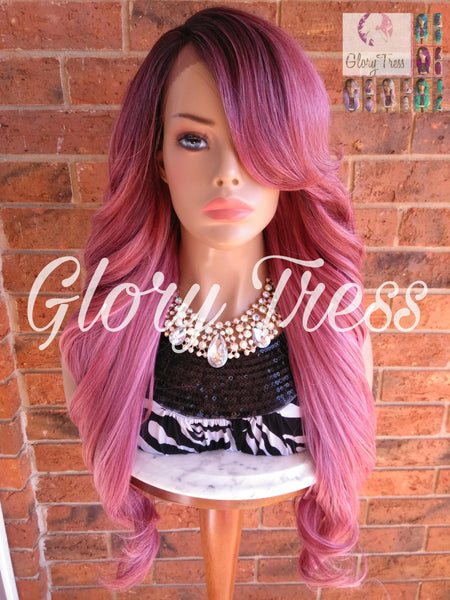 Long & Curly Lace Front Wig, Glory Tress, Ombre Pink Wig, Dark Rooted Bombshell Wig // SALVATION