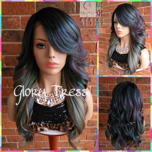 Curly Lace Front Wig, Glory Tress, Ombre Oil Slick Rainbow Hair, Dark Rooted Bombshell Wig // SALVATION