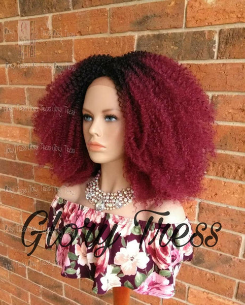 Kinky Curly Lace Front Wig, Big Curly Afro Wig,  African American Wig, Ombre Burgundy Curly Wig, Glory Tress //GRAND
