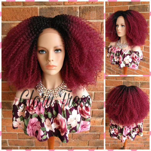 Kinky Curly Lace Front Wig, Big Curly Afro Wig,  African American Wig, Ombre Burgundy Curly Wig, Glory Tress //GRAND