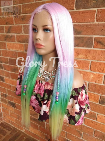 Straight Full Wig, Ombre Rainbow Wig, Pastel Wig, Unicorn Haircolor, Wig With Braids, Halloween Wig, Baby Hair, READY To SHIP//UNICORN
