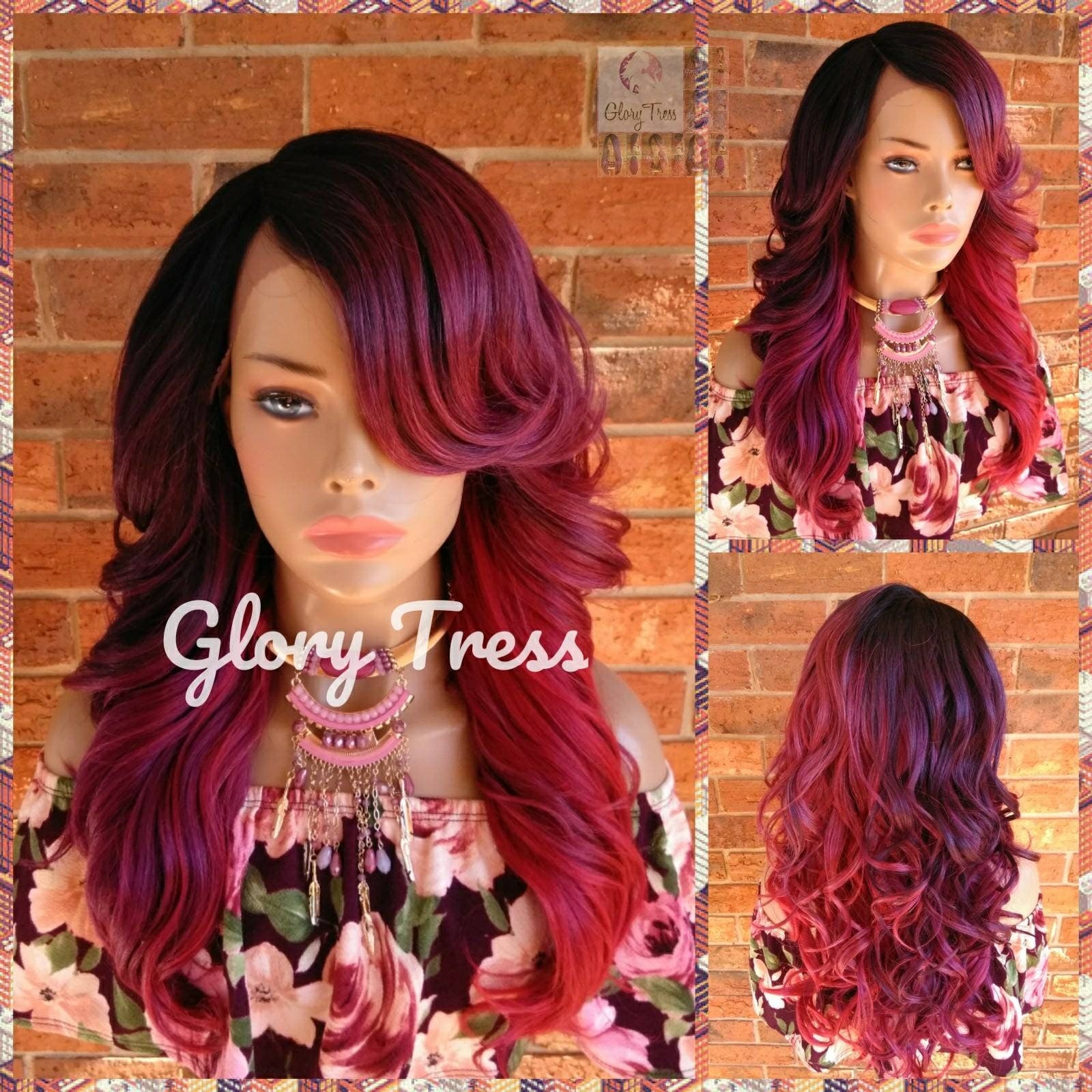 Long & Curly Lace Front Wig, Glory Tress, Ombre Wine Wig, Burgundy Wig, Dark Rooted Wig, Glory Tress // SALVATION