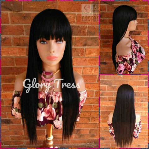 Wig, China Bangs Wig, Full Cap Wig, 100% Human Hair Blend Wig, Straight Wig, Black Wig // EGYPT